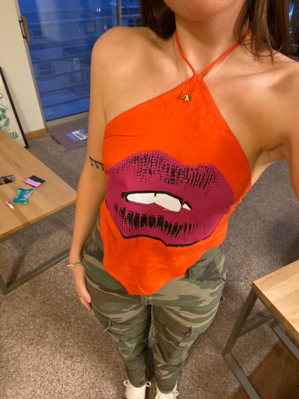 Motel Rocks Orange Halter Lip Graphic Women's Top